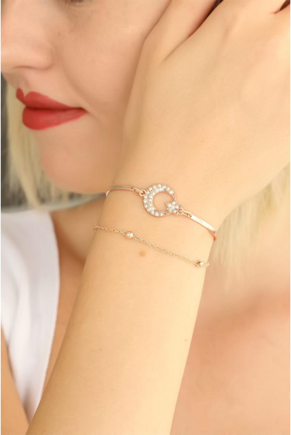 Rose Renk  Zirkon Taşlı Ay Yıldız Tasarım Kadın Bileklik